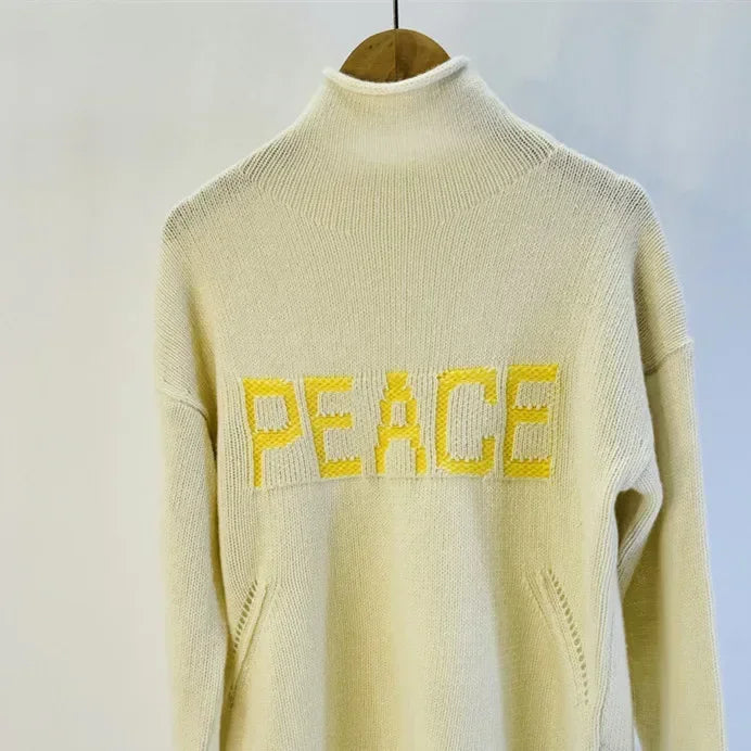 Women's Fashionable Versatile Letter High Neck Pullover Knitted Wool Sweater with Lazy Style Loose Top - ATFH
