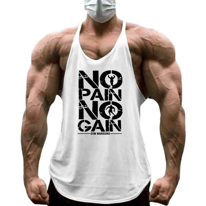 ATFH white cotton sleeveless gym tank top with bold NO PAIN NO GAIN print.