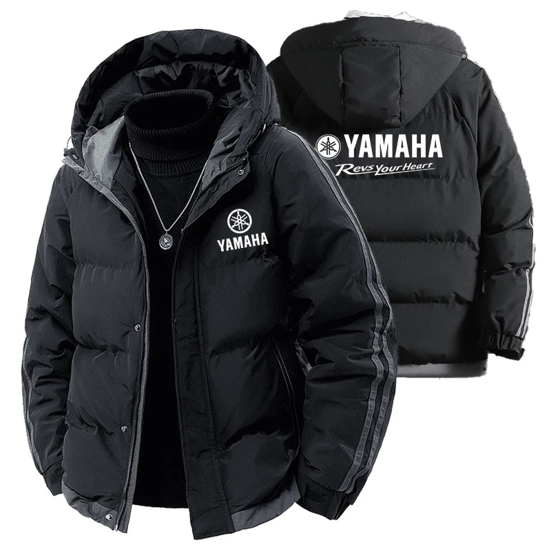 Yamaha's new men's hooded thick winter warm-up cotton coat for outdoor fashion, casual and sporty wear with zipper. Men's coat.