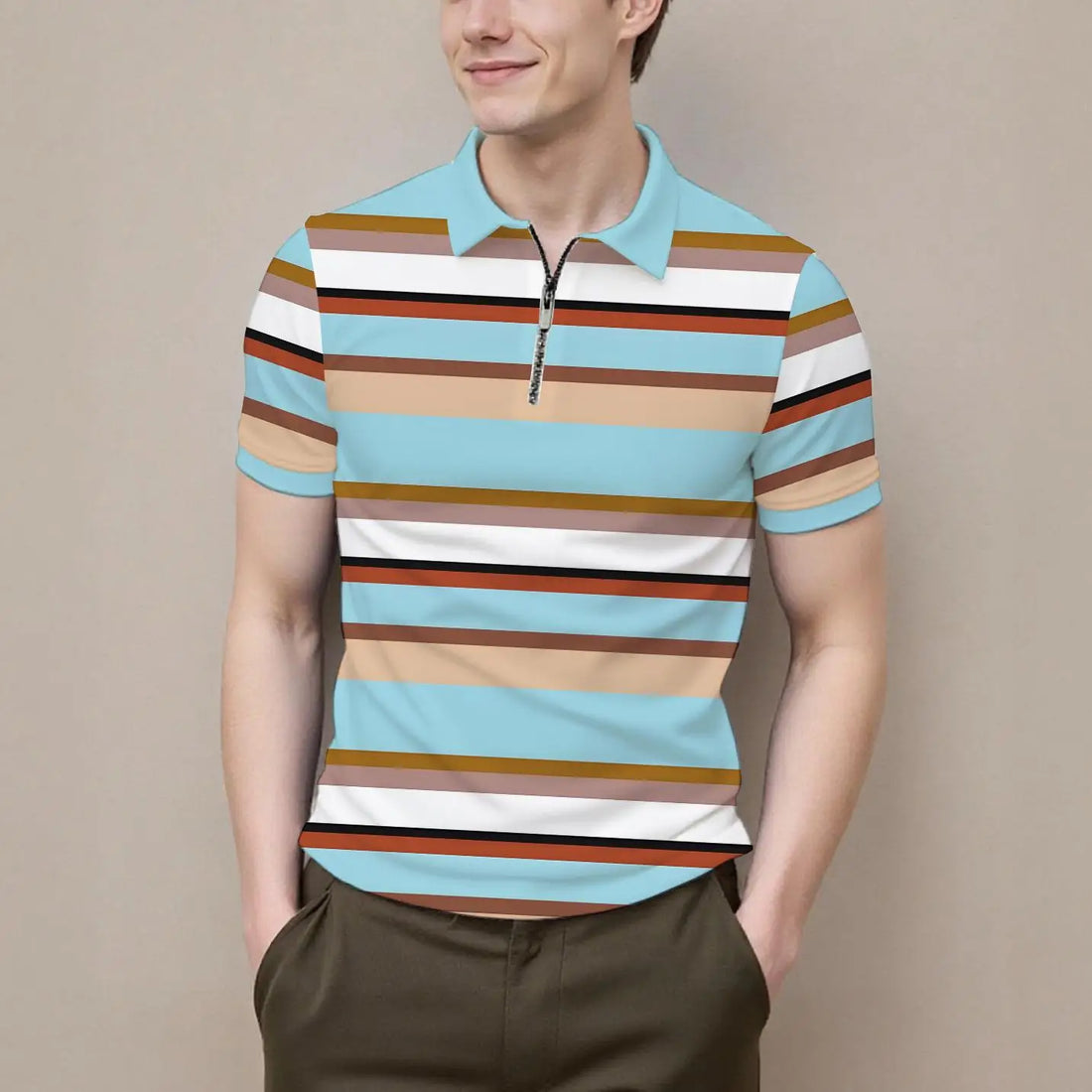 Summer men's polo shirt new summer short sleeve zipper stripes casual fashion versatile lapel men's business formal occasions