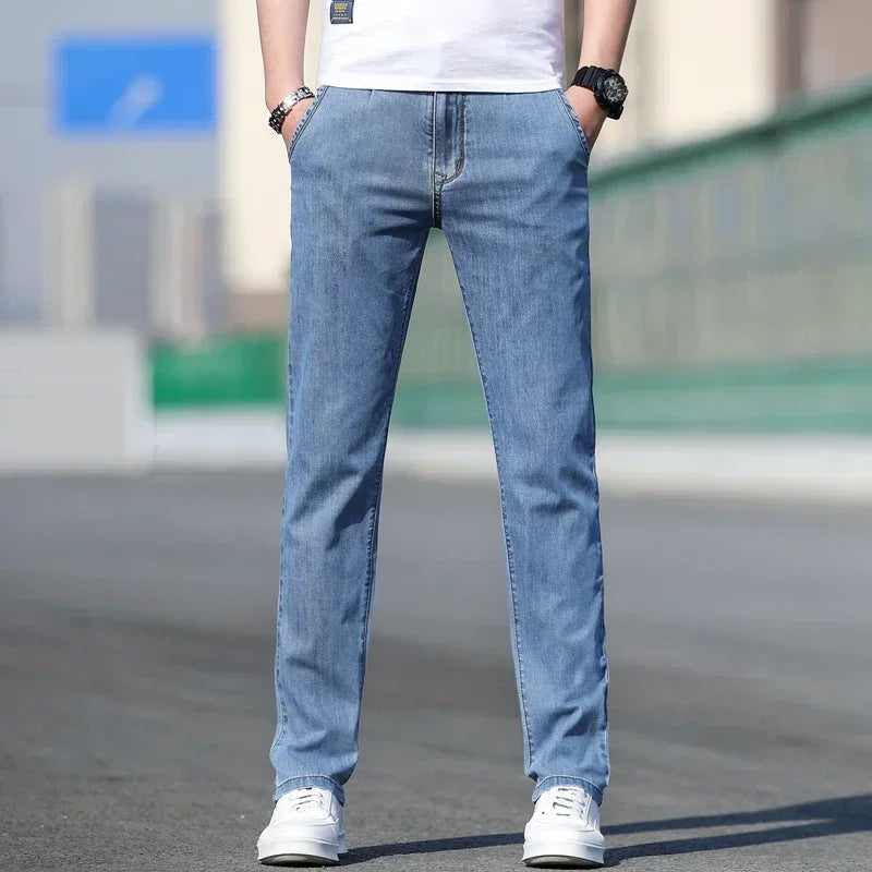 2025 Summer New Men's Loose Gray Jeans Fashion Casual Stretch Straight-leg Denim Pants Male Light Blue Men's Trousers ATFH