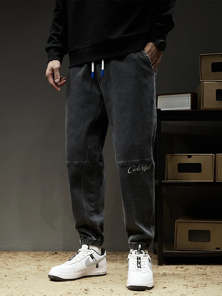 Spring Summer Men's Cargo Jeans Slight Stretch Cotton Denim Jogger Pants Black Blue Streetwear Baggy Jeans ATFH