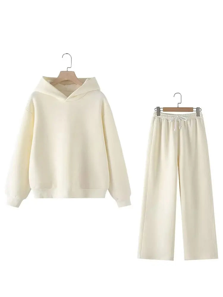 Women Solid Casual Sweatshirt Pant Suit Long Sleeve Hooded Fleece Pullover Coat Loose Straight Trousers Office Lady Sets