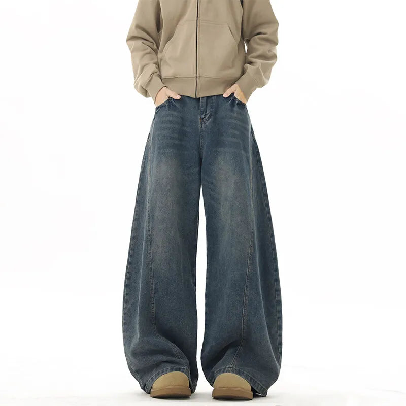 Wide Leg Jeans Men Denim Dark Blue Floor Sweeping Baggy Trousers Street Dance Hip Hop Unisex Urban Fashion Urban Streetwear ATFH