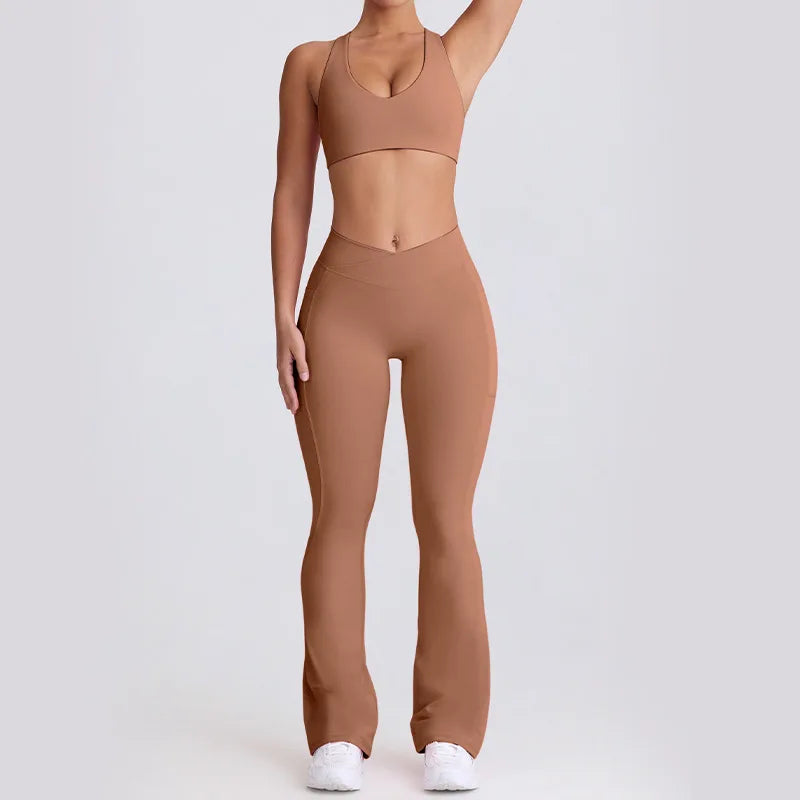 Naked Feel Quick-Dry Yoga Set Strappy Sports Bra & Seamless Leggings for Women Outdoor Gym Workout Activewear - ATFH
