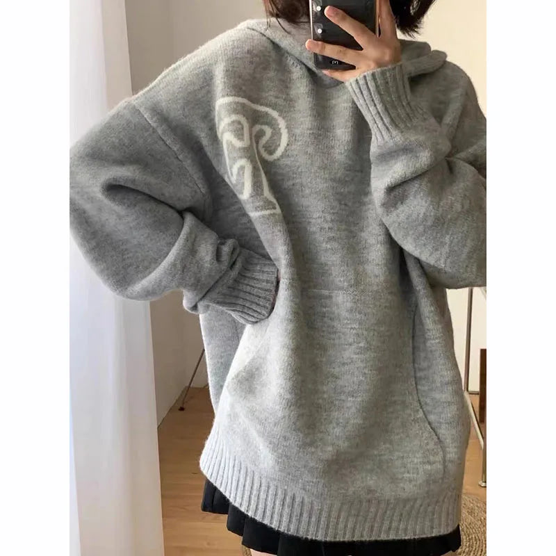 Gray Letter Graphic Hoodie Sweater Women Y2K Autumn Loose Korean Warm Knit Sweatshirt Bf Streetwear Oversize All Match Pullover - ATFH