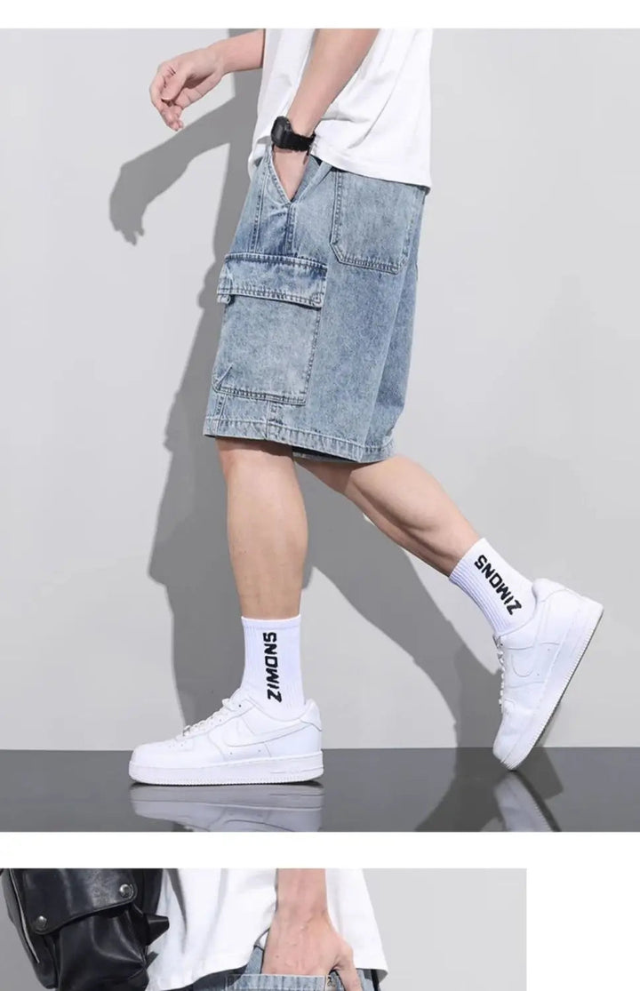 2026 New Baggy Cargo Denim Shorts Men Y2K Vintage Drawstring Jorts High Street Hip Hop Fashion Blue Short Jean Pants for Summer ATFH