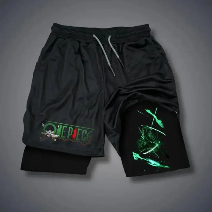 One Piece Men's Double Shorts Roronoa Zoro Japanese Anime Fake Two-Piece Summer 2-in-1 Fitness Sports Quick-Drying Y2K Shorts