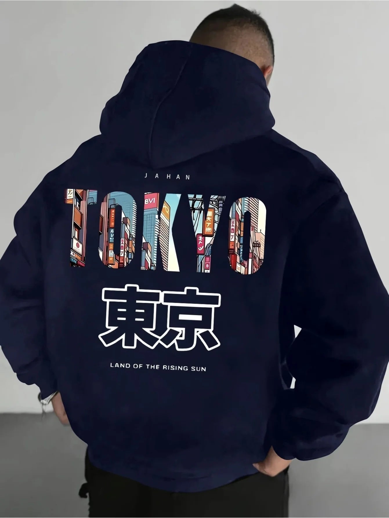 Men's casual printed hoodie regular fit, Japanese Tokyo minimalistic print fashion long-sleeve fleece pullover
