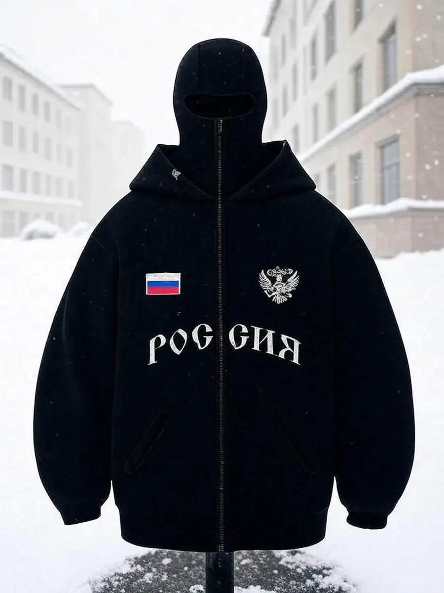 Hip Hop Face Cover Hoodie Unisex Loose Black Zip Up Sweatshirt Eagle Flag Printed Design