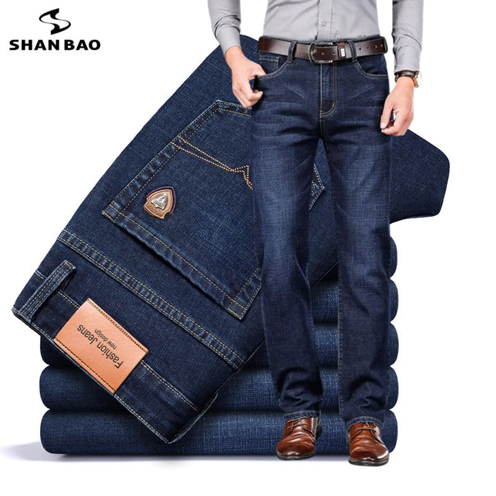 SHAN BAO 2022 autumn spring fitted straight stretch denim jeans classic style badge youth men's business casual jeans trousers ATFH