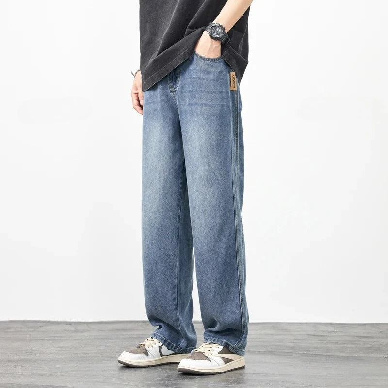 Good Quality Summer Cosy Soft Lyocell Fabric Men's Jeans Loose Wide Leg Pants Elastic Waist Thin Casual Y2K Trousers Plus Size ATFH