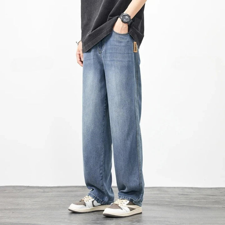 Good Quality Summer Cosy Soft Lyocell Fabric Men's Jeans Loose Wide Leg Pants Elastic Waist Thin Casual Y2K Trousers Plus Size ATFH
