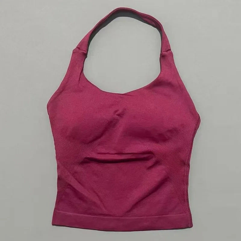 Sports Gym Halter Top Woman Seamless Yoga Tank Removable Chest Pad Push-up Sports Vest Fitness Workout Running Tops - ATFH
