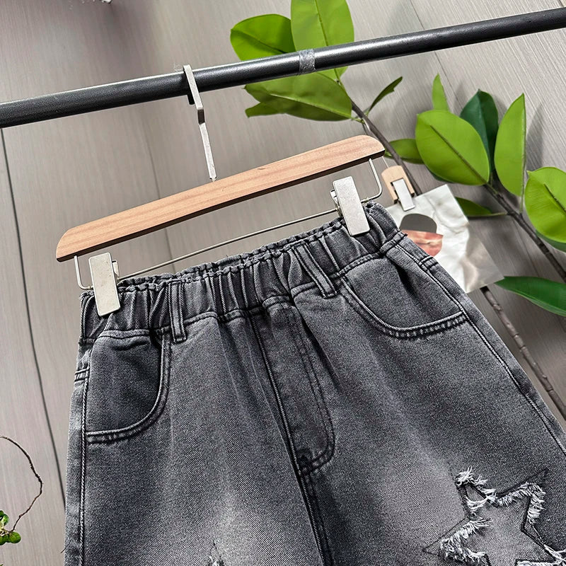 L-6XL Plus Size Denim Shorts For Women Summer 2025 High Waist Black Loose Wide Leg Short Jeans Women Star Large Size Short Jeans ATFH