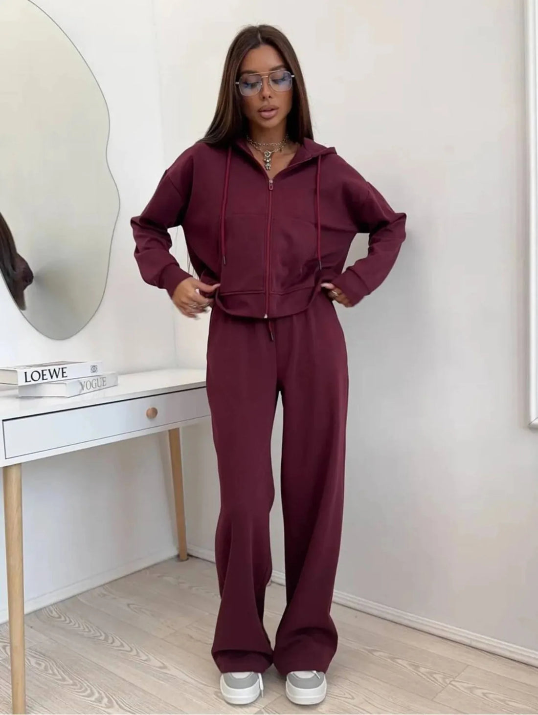 Cotton Hoodies Sweatshirt Two-piece Suit Women Casual Sports Sets Autumn Zip-up Short Coat Straight Trousers Loose 2-piece Sets