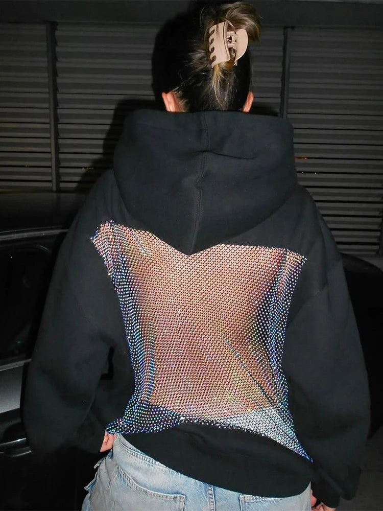 Weird Puss Harajuku Hooded Sweatshirt Women Autumn Trend Backless Glitter Mesh Patchwork Casual Streetwear Hipster Pulloverr - ATFH