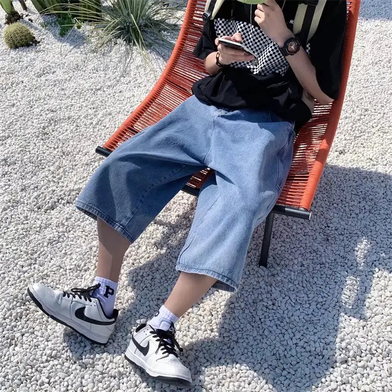 jeans Pants men Summer Short Jeans Big-pockets Breeches Hip Hop Streetwear Baggy Denim Shorts Casual Wide-leg Capris Pants ATFH
