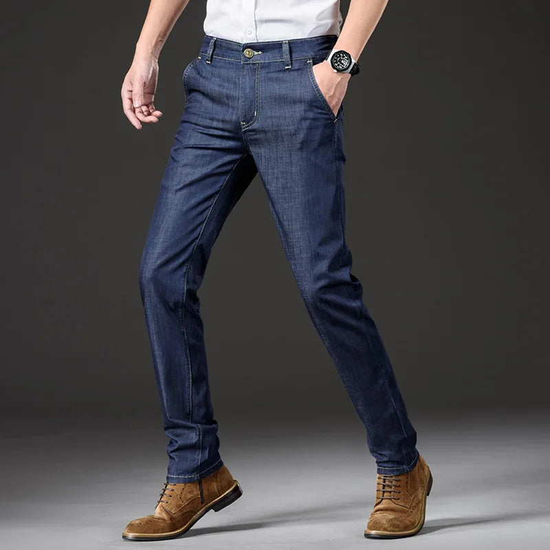 Modal Fabric Summer Thin Men's Jeans Straight Business Fashion Comfortable Breathable Male Brand Clothing Denim Trousers ATFH