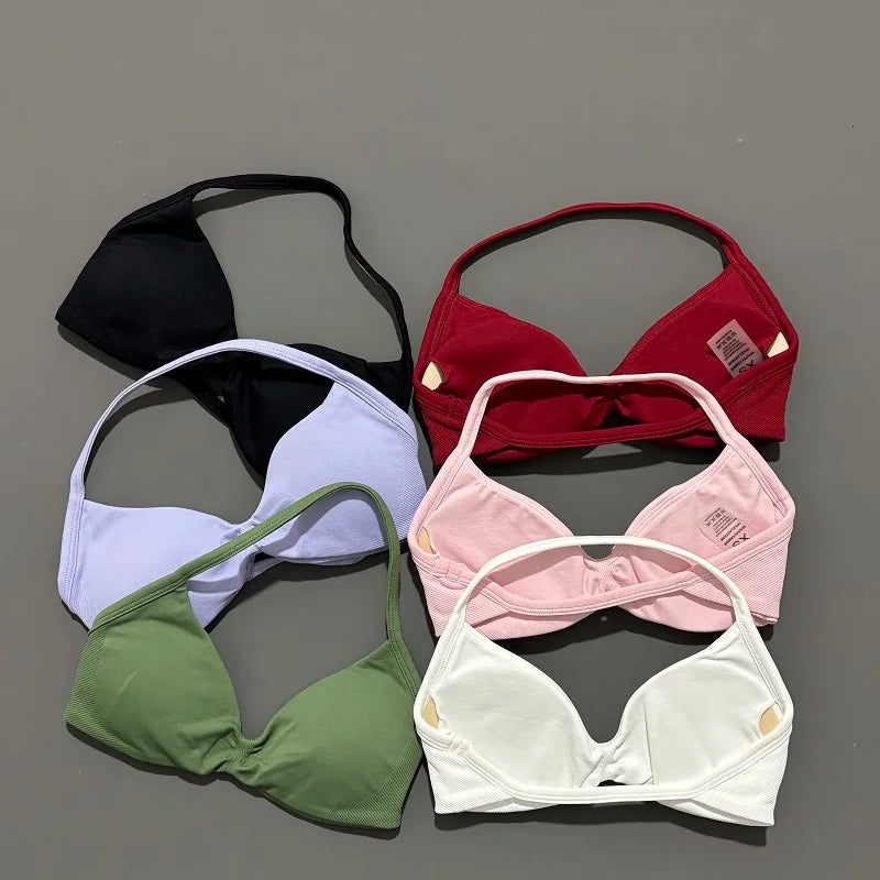 Sports Strappy Bra Yoga Underwear Women Gym Top Running Exercise Backless Bra High Support Active Wear Fitness Workout Halter - ATFH