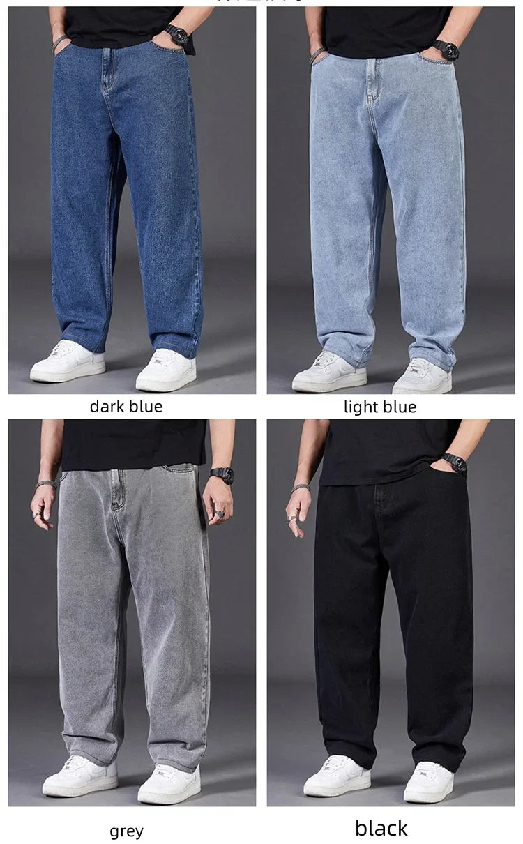 Men's Plus Size Jeans with Elastic Waistband Denim Trousers Male Straight Tube Breathable Loose Street Wear Casual Pants ATFH