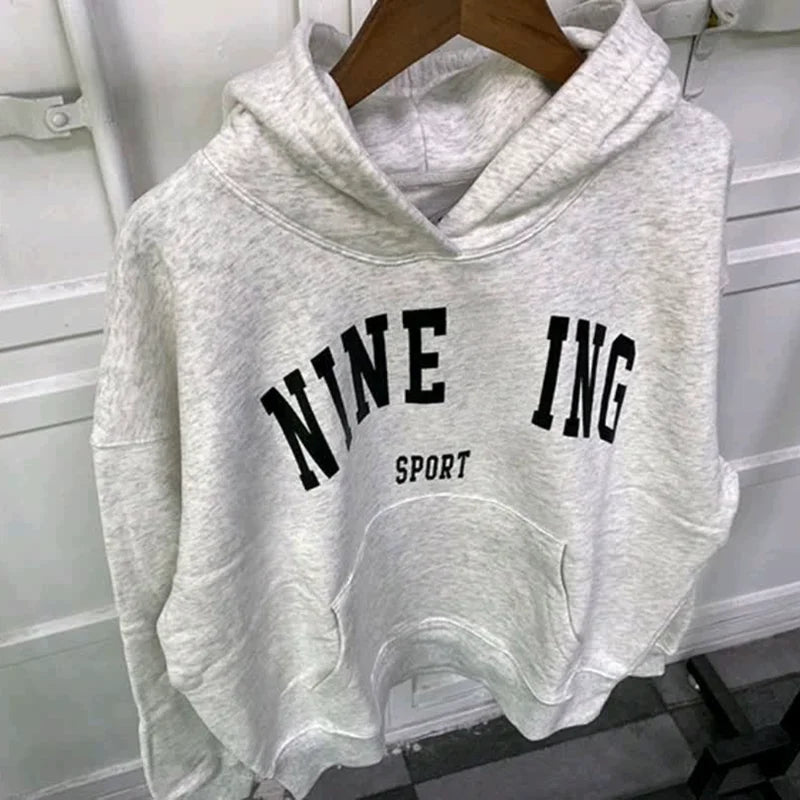Sportswear women's autumn and winter new loose and comfortable gray white pure cotton hooded sweatshirt - ATFH