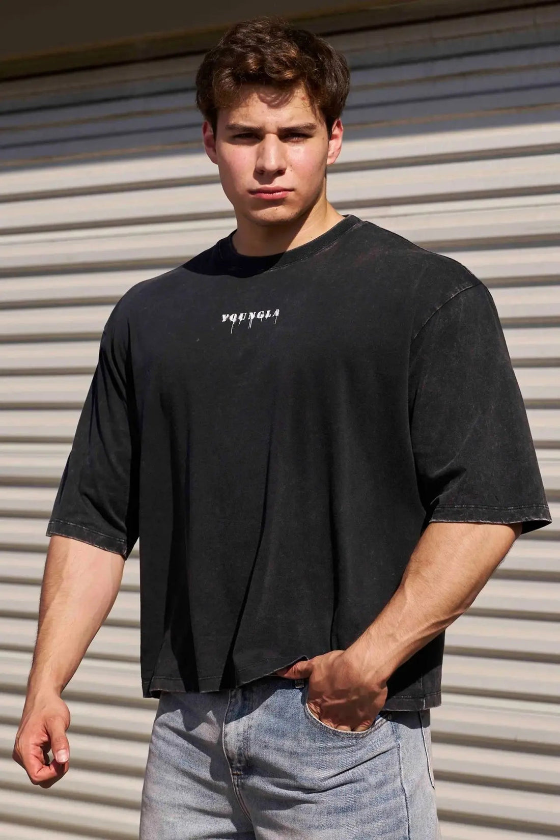 YOUNGLA Men's T-shirt, muscle sports fitness cotton crew neck short sleeve, gym running basketball training top ATFH