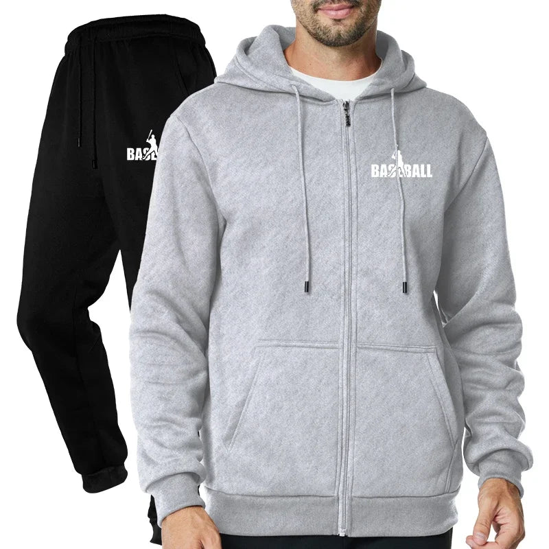 2025 Autumn and Winter New European and American Casual Zipper Sports Hat Set Fleece Solid Color Pants with Sweater for Men - ATFH