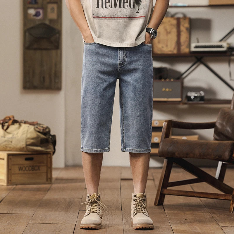 2025 New American retro cropped men wide leg jeans Y2k Gothic washed loose straight casual couple shorts sweatpants ATFH