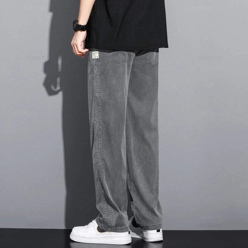 Summer Soft Lyocell Fabric Men's Jeans Thin Loose Straight Pants Drawstring Elastic Waist Korea Casual Trousers Plus Size M-5XL ATFH