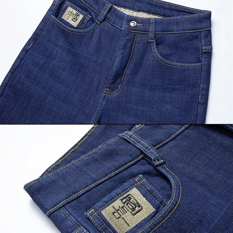 Men Winter Thermal  Loose Straight Jeans Male Fashion Snow Warm Plush Fleece Denim Pants Classic Simplicity Blue Black Trousers ATFH