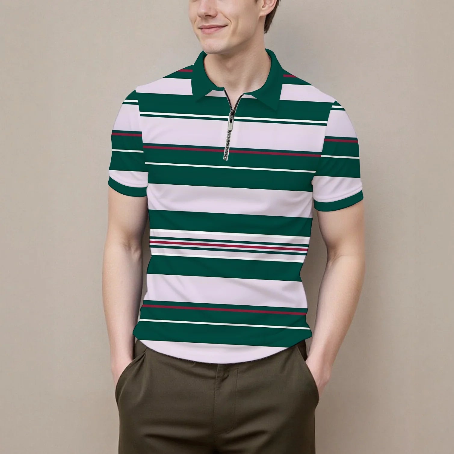 Summer men's polo shirt new summer short sleeve zipper stripes casual fashion versatile lapel men's business formal occasions