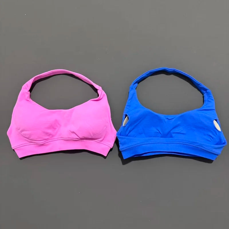 Histello Sports Bra Women Seamless Halter Clothes Neck Strap Padded Yoga Top Gym Backless Bra Running Sportswear Workout Tops - ATFH
