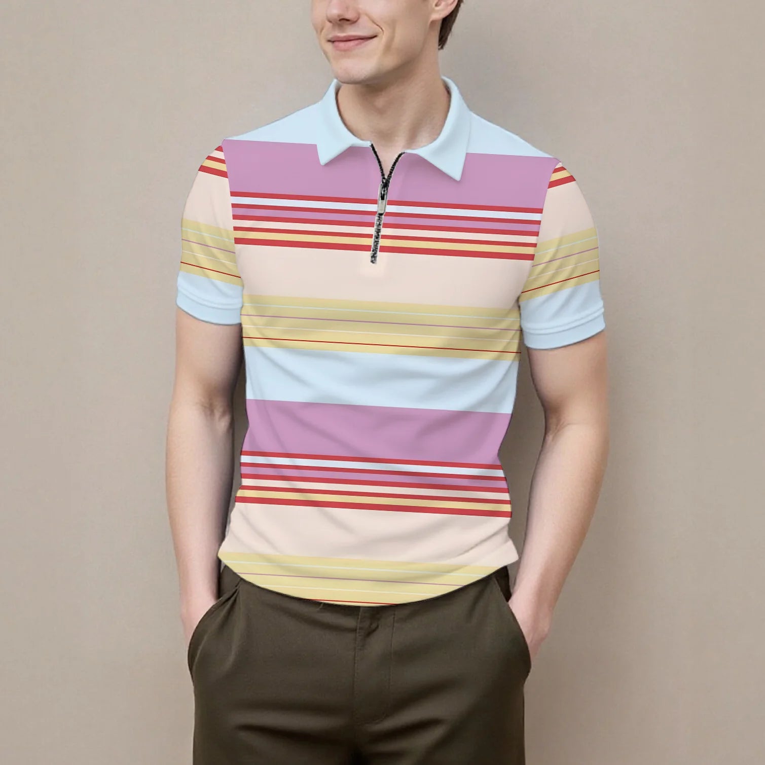 Summer men's polo shirt new summer short sleeve zipper stripes casual fashion versatile lapel men's business formal occasions