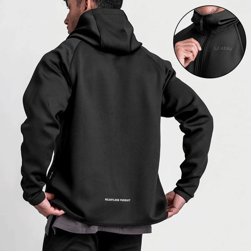 Men's Gym Sports Hoodies Cotton Elastic Hooded Male Fitness Running Loose Jackets Outdoor Zipper Coats Casual Workout Sportwear - ATFH