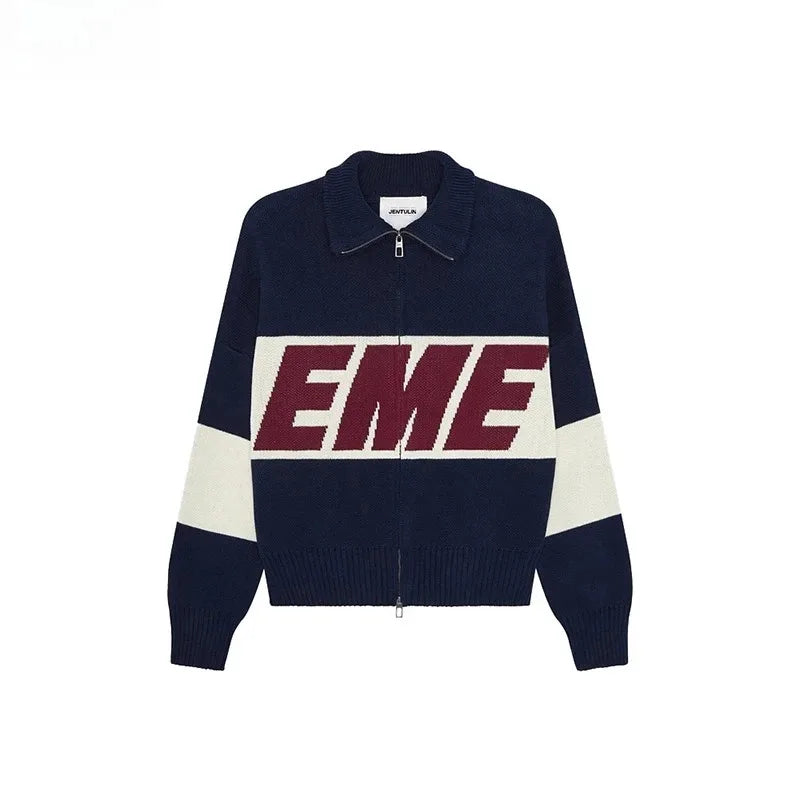Retro Harajuku Spliced zipper Knit Sweater New Fashionable Casual Sweater Men American Y2k Letter Embroidery Clothing Women - ATFH
