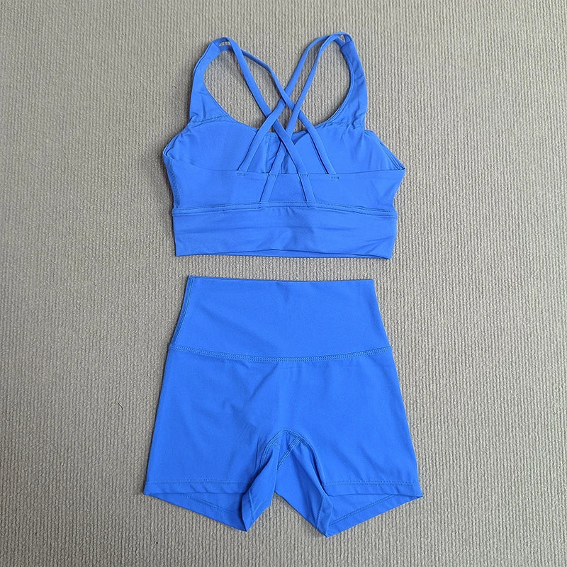 2 Pieces Yoga Clothes Gym Sets Sports Shorts Women Cross Back Bra Top High Waist Shorts Fitness Suits Running Workout Tracksuit - ATFH