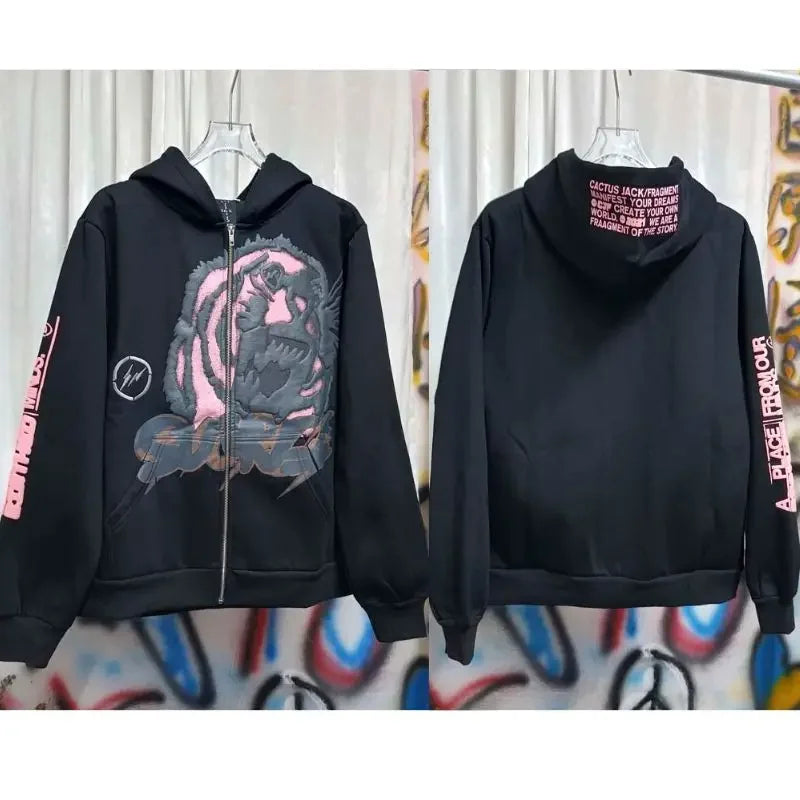 Winter Brown Fleece Utopia Jackets High Quality Vinatge Print Zipper Hoodie Hiphop Street Cactus Jack Hoodys Men Women Cleanfit - ATFH