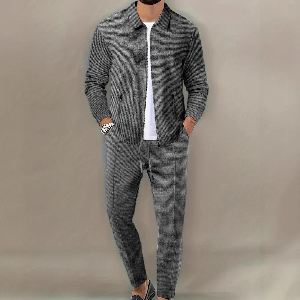 Men's Spring Waffle Two-Piece Set Casual Sports Suit with Zipper Long-Sleeved Jacket And Pants Collared - ATFH