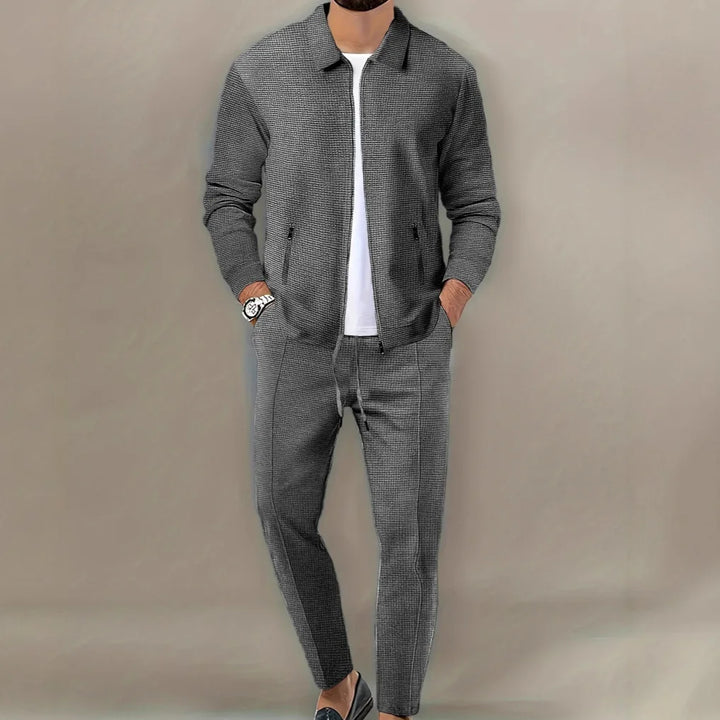 Men's Spring Waffle Two-Piece Set Casual Sports Suit with Zipper Long-Sleeved Jacket And Pants Collared - ATFH