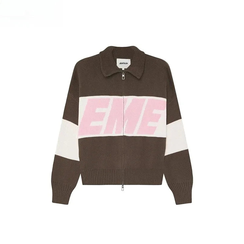 Retro Harajuku Spliced zipper Knit Sweater New Fashionable Casual Sweater Men American Y2k Letter Embroidery Clothing Women - ATFH
