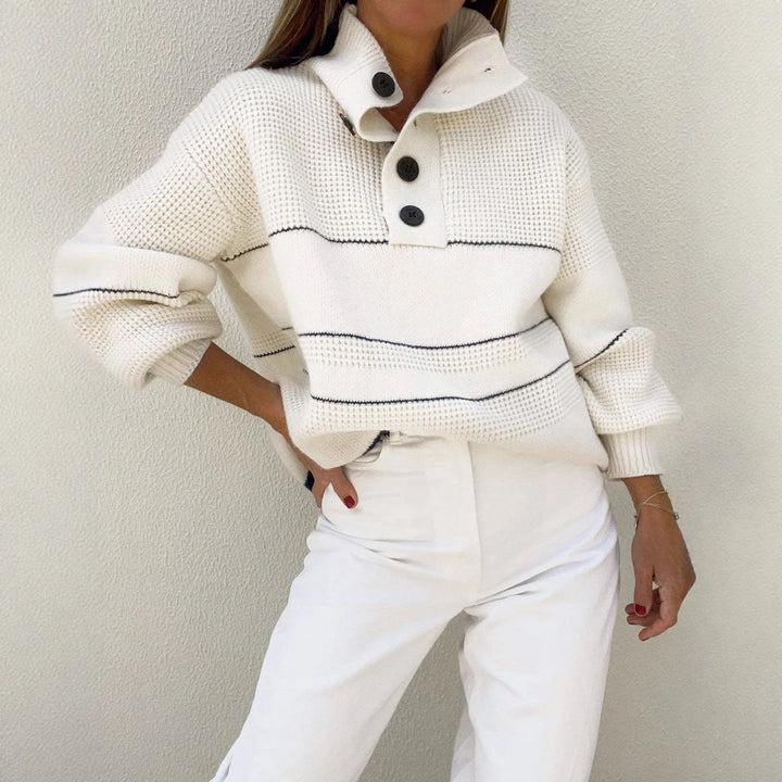 Women's Half Cardigan Contrast Casual Polo Pullover Sweater - ATFH