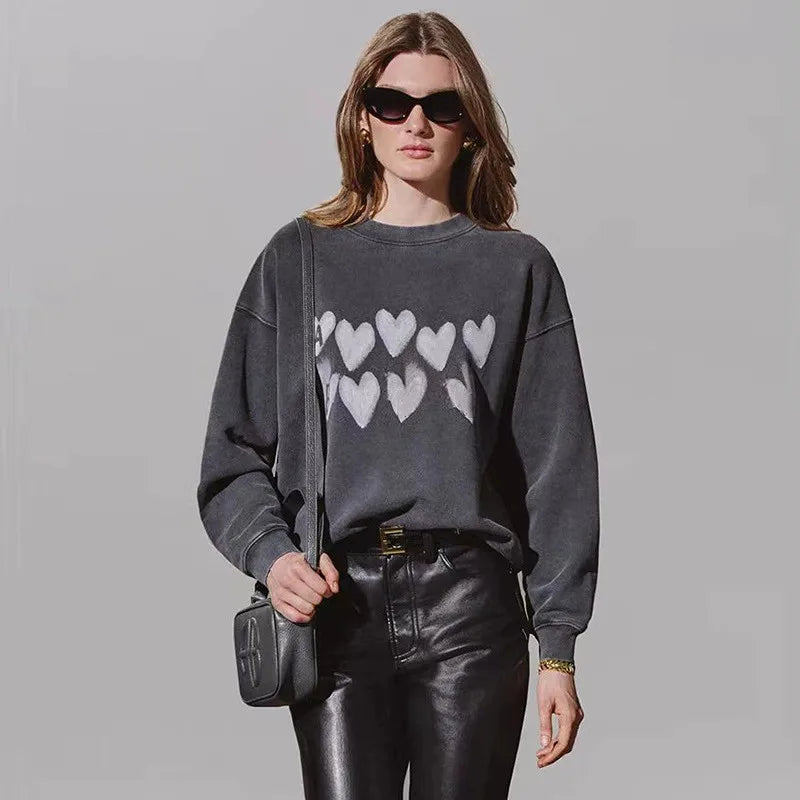 Grey Classic Letter Patch Embroidered Sweatshirt Women Soft Fleece Lining Crew Neck Long Sleeve Sweatshirts Female Autumn Winter - ATFH