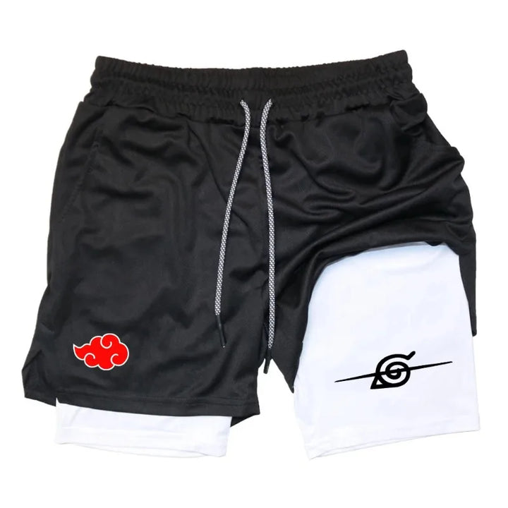 Men Anime Double Layer Shorts Gym Workout Sports Multi-Performance Training Hip-hop Quick-Drying Jogging Pants Towel Y2k Fitness