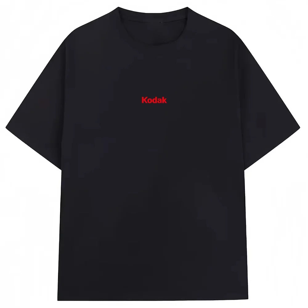 Black Kodak Basic Red Center Logo Graphic Tee, Simple White-on-Black Brand Print, Cotton Crewneck for Daily Casual Wear ATFH