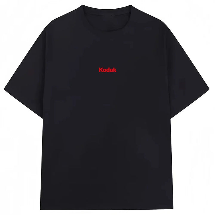 Black Kodak Basic Red Center Logo Graphic Tee, Simple White-on-Black Brand Print, Cotton Crewneck for Daily Casual Wear ATFH