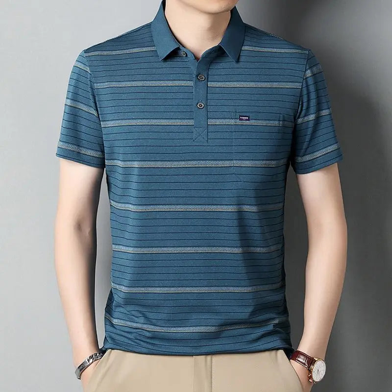 Men Striped Short Sleeve Polo Shirt Slim Fit Casual Business T Shirt With Small Label Decor