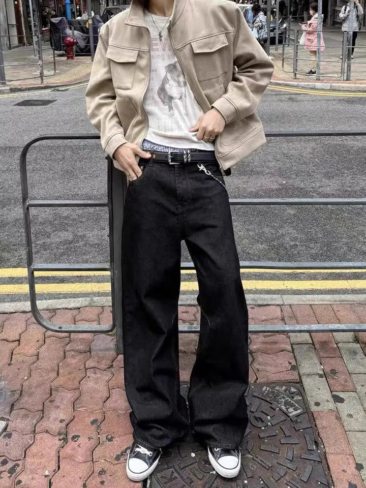 Men's Simple Style Solid Color Jeans Street Vintage Sweatpants Boy Casual Pants Wide Legs Bottom Male High Waist Y2k Trousers ATFH