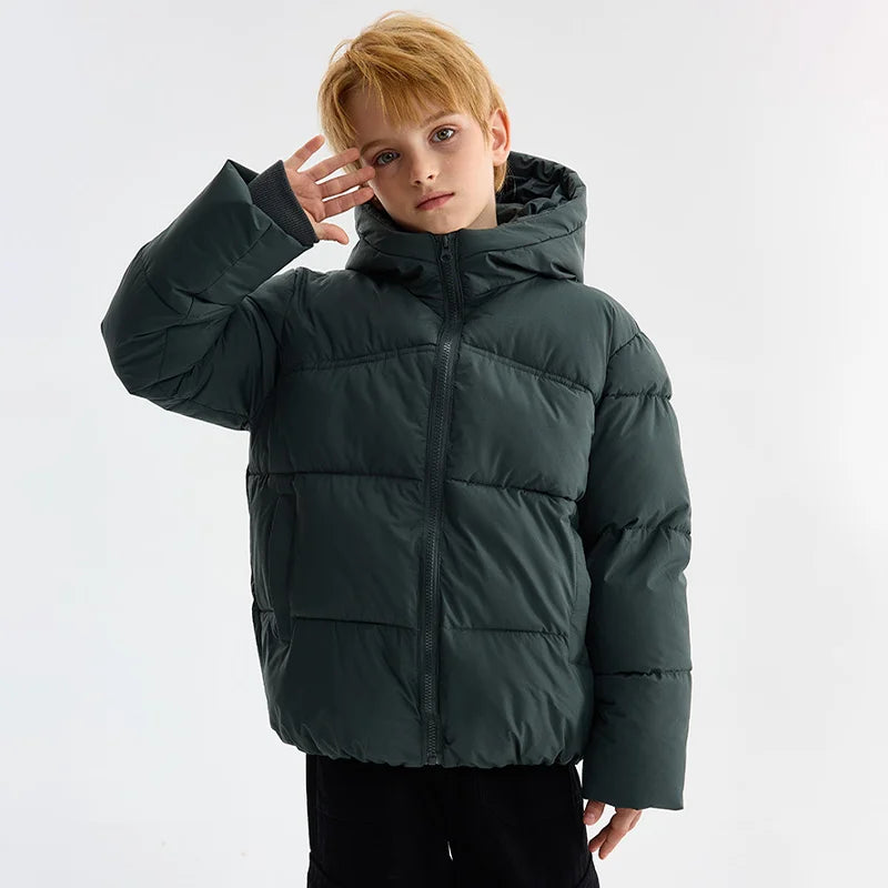 Winter Boys Girls Cotton Down Jacket Solid Windproof Thick Warm Hooded Mid-length Coat for 3-10 Years Kids Casual Outerwear