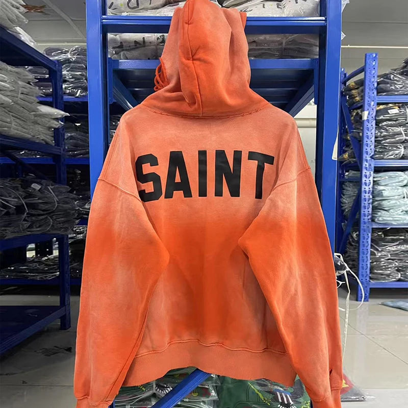 Simple Classic Letters Logo Print Orange Saint Hoodie Hooded Men Women Streetwear Vintage Washed Damaged Hole Pullovers - ATFH